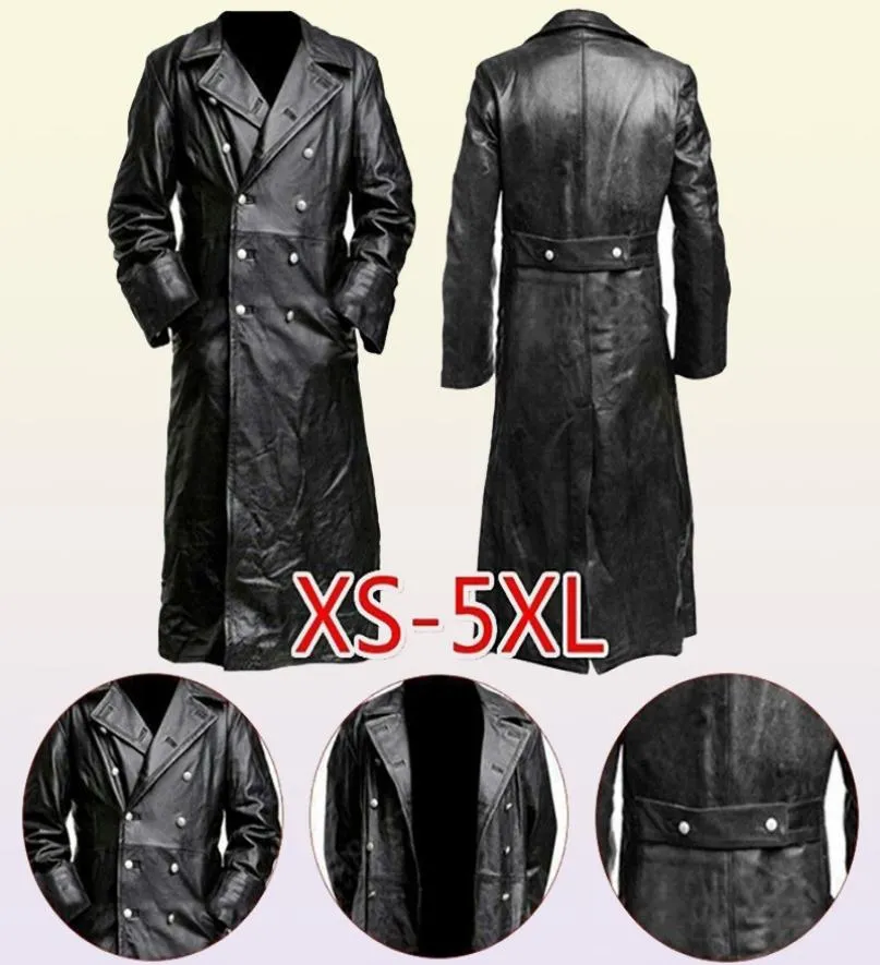 Herrläder faux herrarnas tyska klassiska WW2 enhetliga officer Black Real Leather Trench Coat 2209225447894