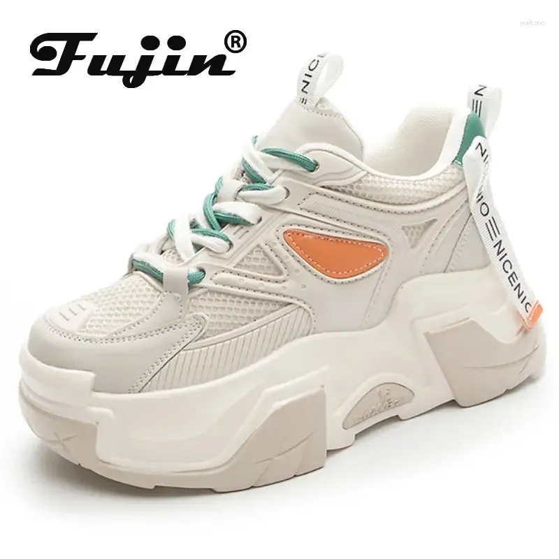 Casual Shoes Fujin 6cm Air Mesh äkta läder sommarkvinnor vulkaniserar andningsbar plattform kil chunky sneaker ihålig snörning