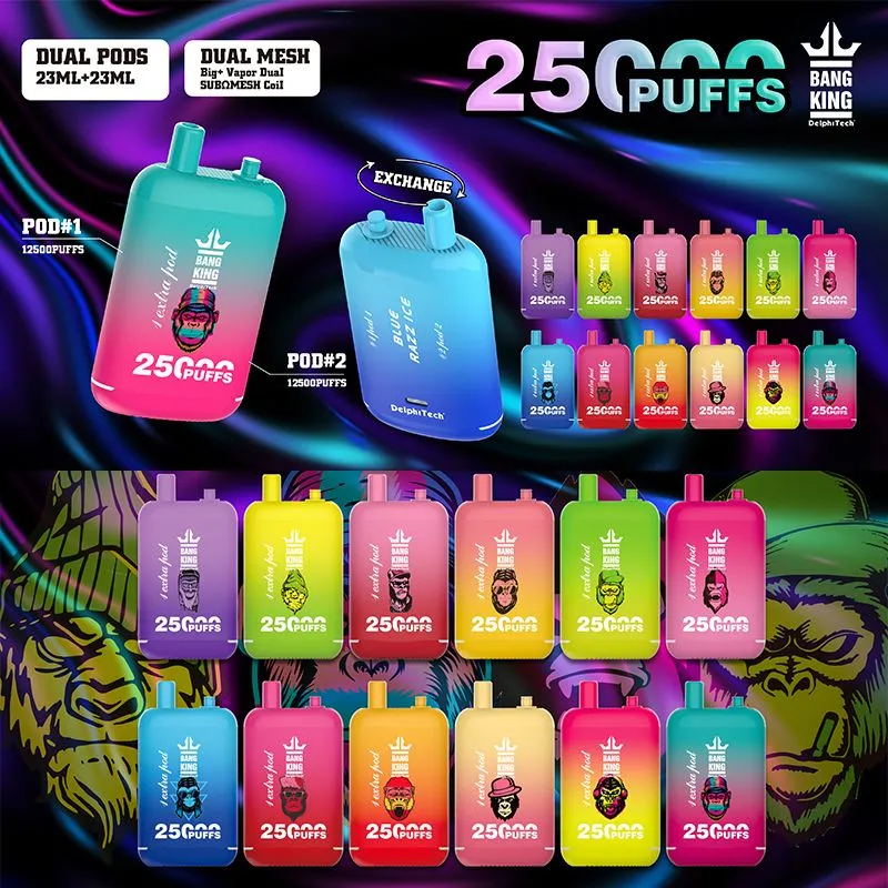 Bang king 25k puff vape box disposable e cigarettes 25000 puffs Dual pods 23ml +23ml pre-filled pods rechargeable battery dual mesh coil puff 12k 15k 20k 18k bang vapers