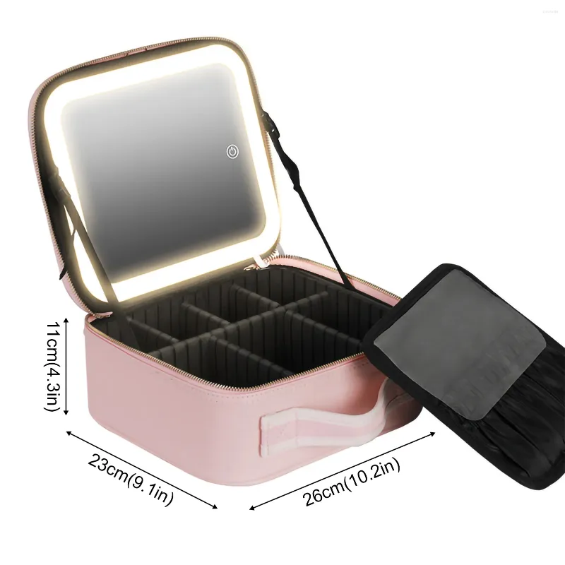 Boîtes de rangement Fashion Sacs de cosmétiques simples grande capacité avec boîte à miroir les organisateurs de maquillage de lumière LED Charge USB pour le travail de voyage