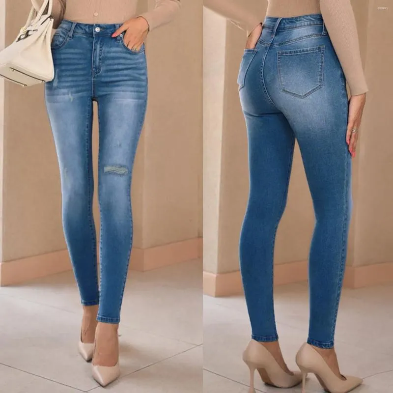 Jeans femminile strappato pantaloni in denim angosciata fidanzata ad alta vita elastico streetwear slim