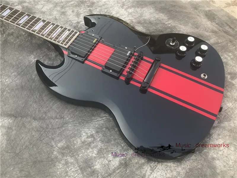 Cables Custom Sg Electric Guitar, Black Background, Red Stripe Body, Black Hardwareguitar