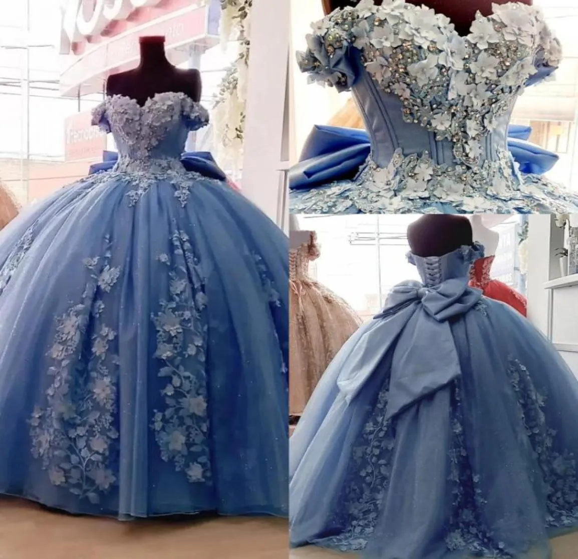 2022 Luxury Sky Mavi Quinceanera Elbiseler 3D Çiçek Aplike Omuzdan Kısırlı Püskürtlü Terikli Etek Tatlı 16 Sequins Appl1535669