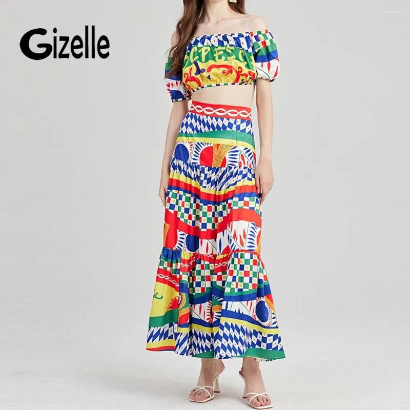 Abiti da lavoro Gizelle Designer Runway Fashion Sexy Off spalla Short Short Top Vintage Skirt Long Skirt Two pezzi Set Women 2024 Summer Zevity
