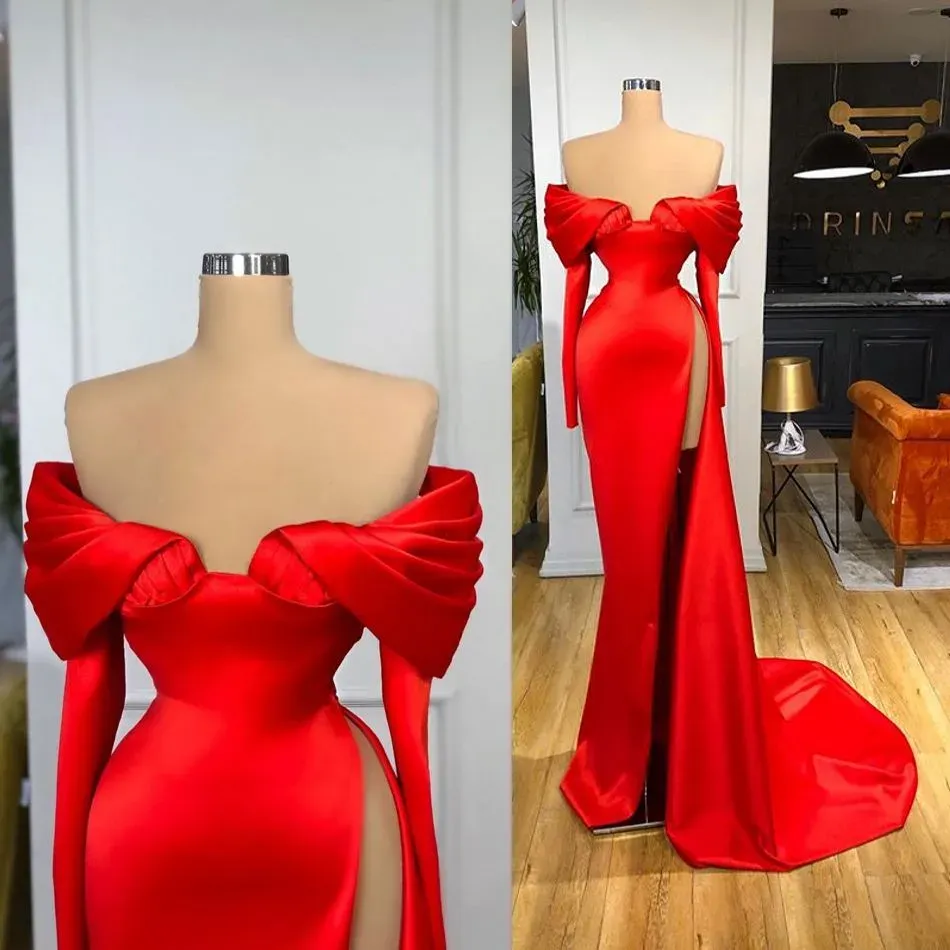 Elegant Evening Dresses Off Shoulder Long Sleeves Satin Prom Gowns 2024 Custom Made Lace-up Back Sweep Train Special Occasion Dress