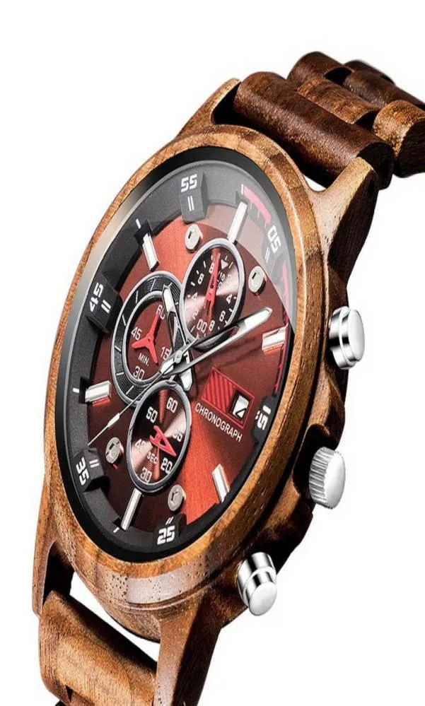 Träklocka Datum Display Casual Men Luxury Wood Chronograph Sport Outdoor Military Quartz Watches in Wood Relogio Masculino LY1911276789