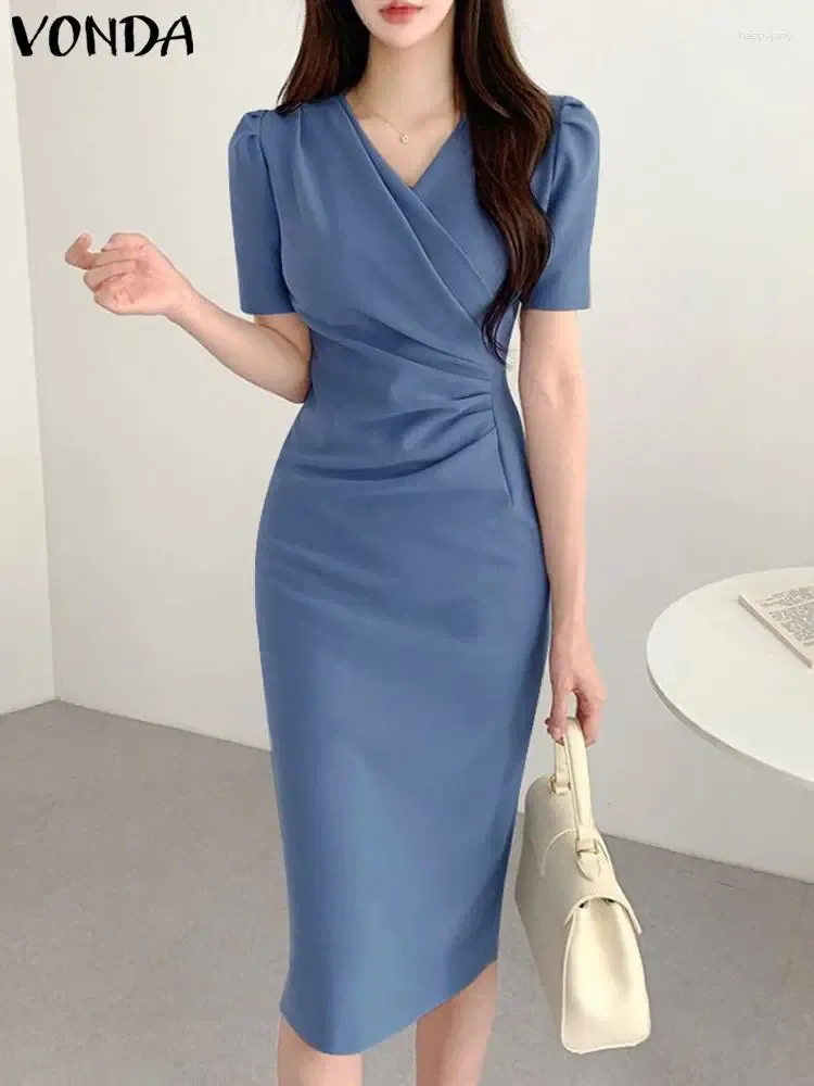 Casual jurken Vonda Summer Fashion Elegant Ol Dress 2024 Dames Mid-Kalf Sundress Sexy V-Neck Solid Color Short Sleeve Pleet Office Robe