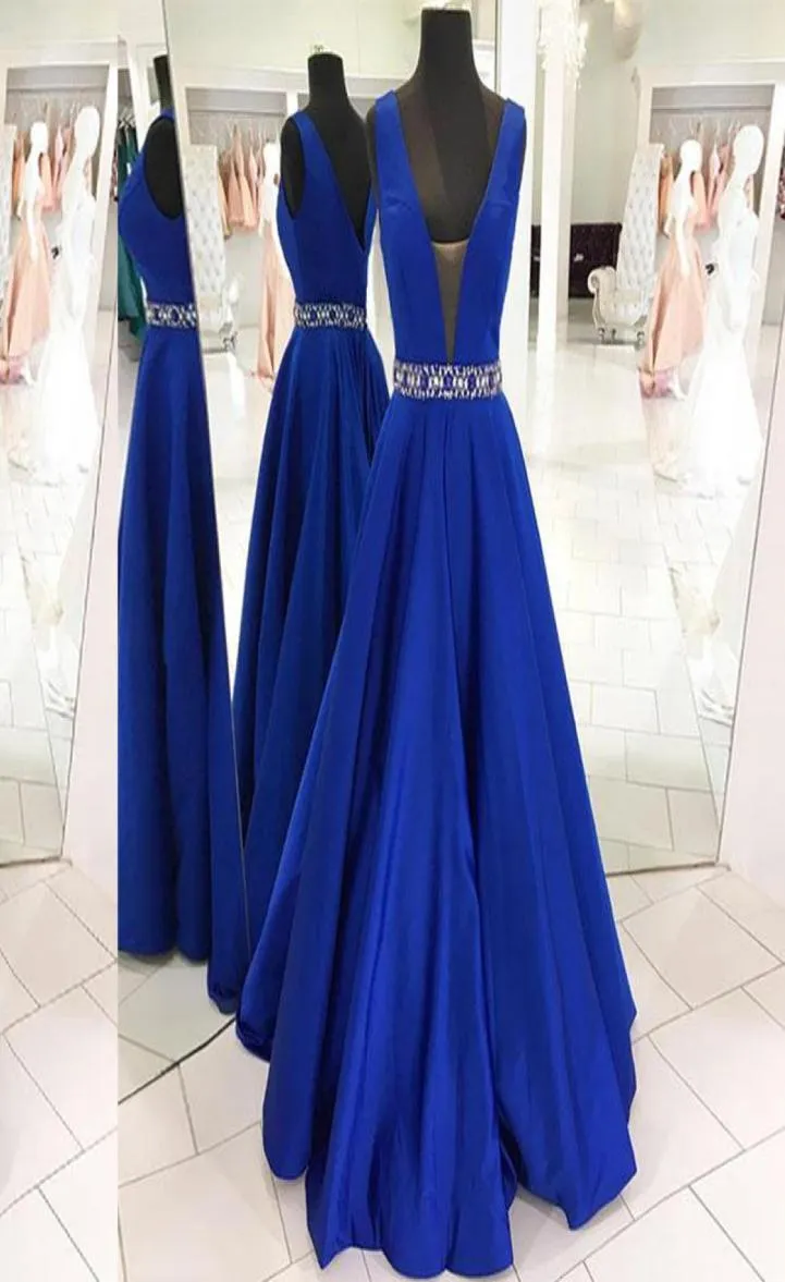 Prachtige Aline Blue Evening Dress Sexy Deep V Neck Open Zipper Up Custom Made Prom Jurns Formele jurken Kristallen kralen wais6873728