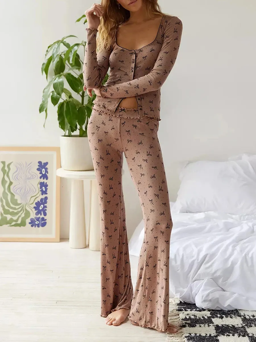 Y2k Fairy 2 Piece Pajamas Set Long Sleeve Button Down Fitted Crop Top Leggings Set Women Casual Lounge Pants Outfits Sleepwear 240407