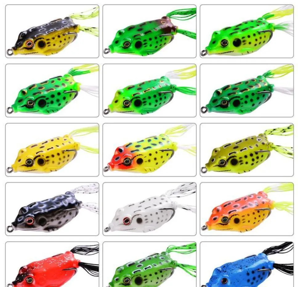 15pcllot Frog Soft połowów Przynęty podwójne haczyki 6G 13G 15G TOP Water Ray Ray Frog Artificial Minnow Crank Miękka przynęta Fishin Qyliwu7847386