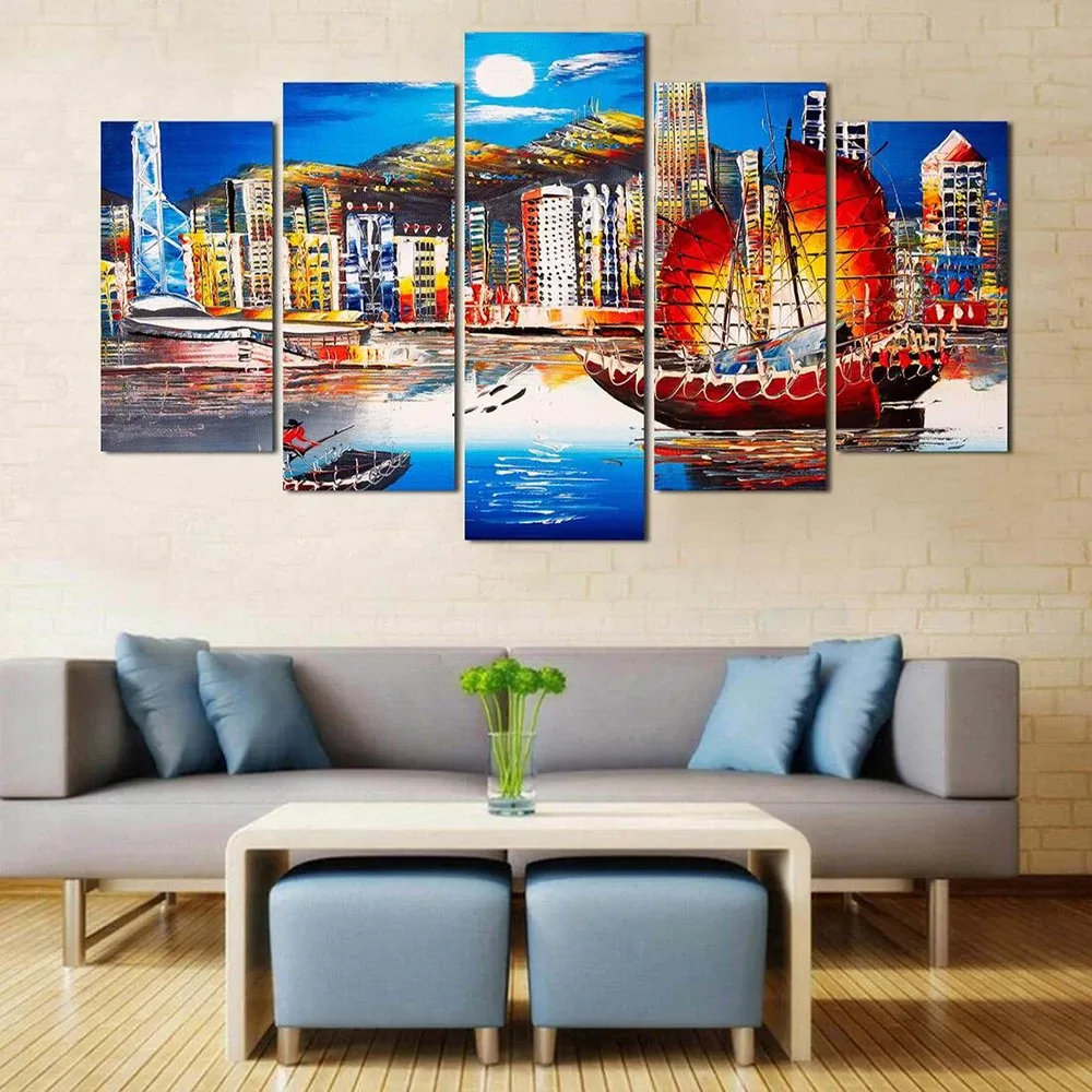 5 Panel Craft Colorful Ship Canvas Painting Wall Art Abstract Boat Landscape Oil Painting Print on Canvas for Living Room Decor No Frame