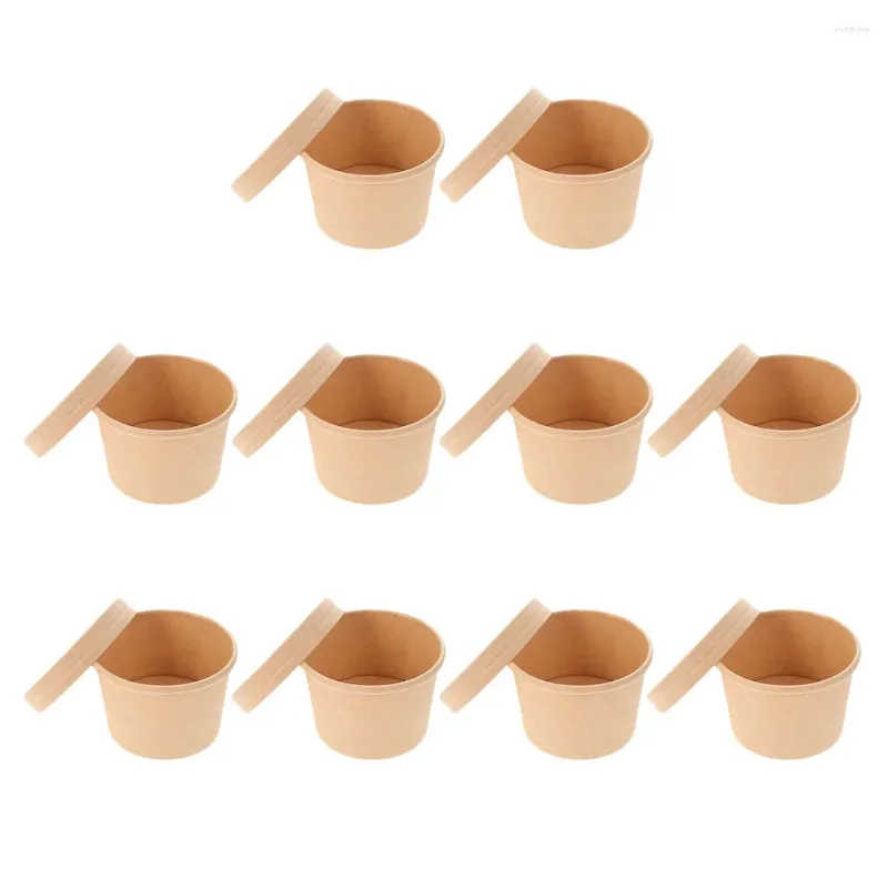 Disposable Cups Straws 10 Sets Soup Bowls Gift Cup Ice Cream Lid Paper Porridge Bucket Cold Kraft Containers Storage Dessert