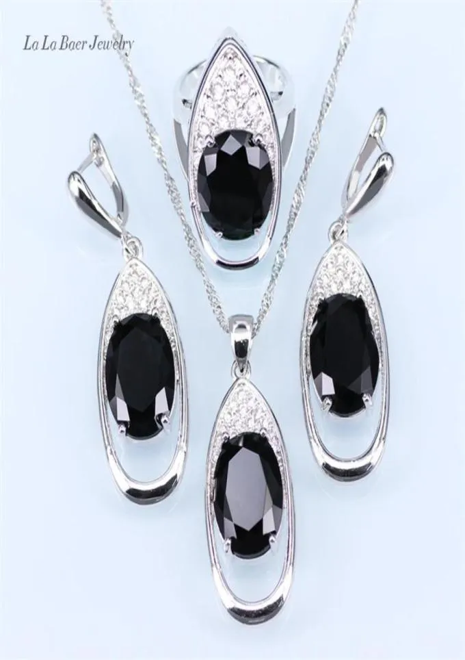 Trendy Big Black Stone White Rhinestone enorm runda silver 925 smyckesuppsättningar för kvinnor släpp örhängen hänge halsband ring207e2016534