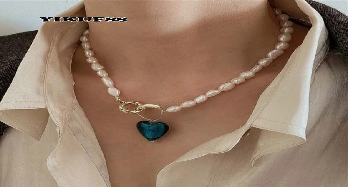 Yikuf88 S925 Sterling Silver Women Vintage Natural Pearl Blue Love Geometric Baroque Female Necklace6813117