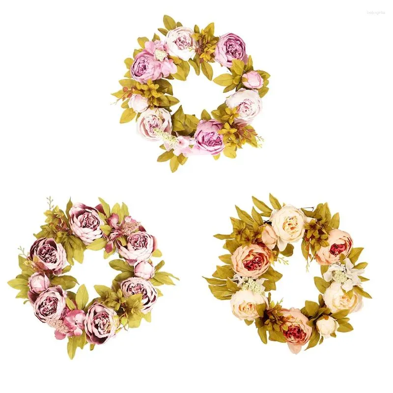 Flores decorativas Peony simulada Garland Rattan Ring Decoration Garden Wrinalh Wreath Flel Leaf Home Janela Carro Cedero Brown Brown