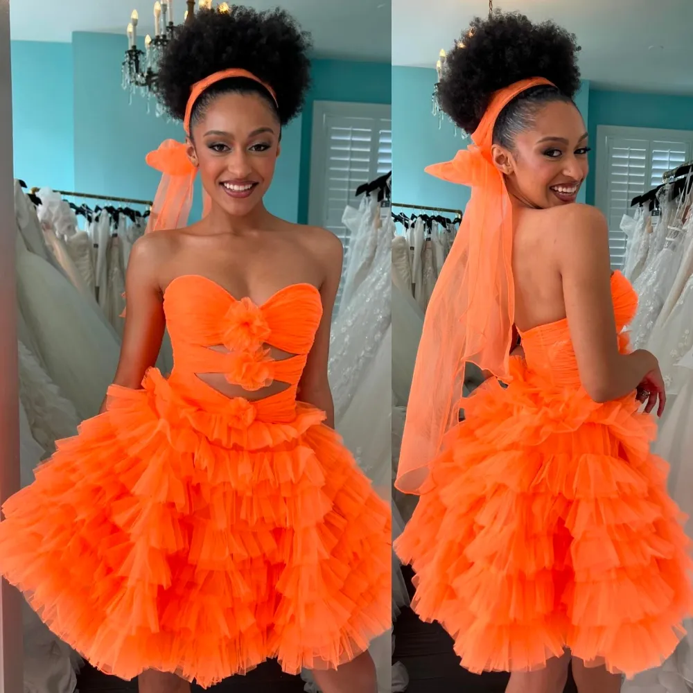 Coral Cocktail Party Dress Ruffle Homecoming Prom Pageant Formal Runway Black-Tie Gala Graduation Hoco Gown Semi-Formal Drama Occasion Keyhole Cut-Out 3D Rosette