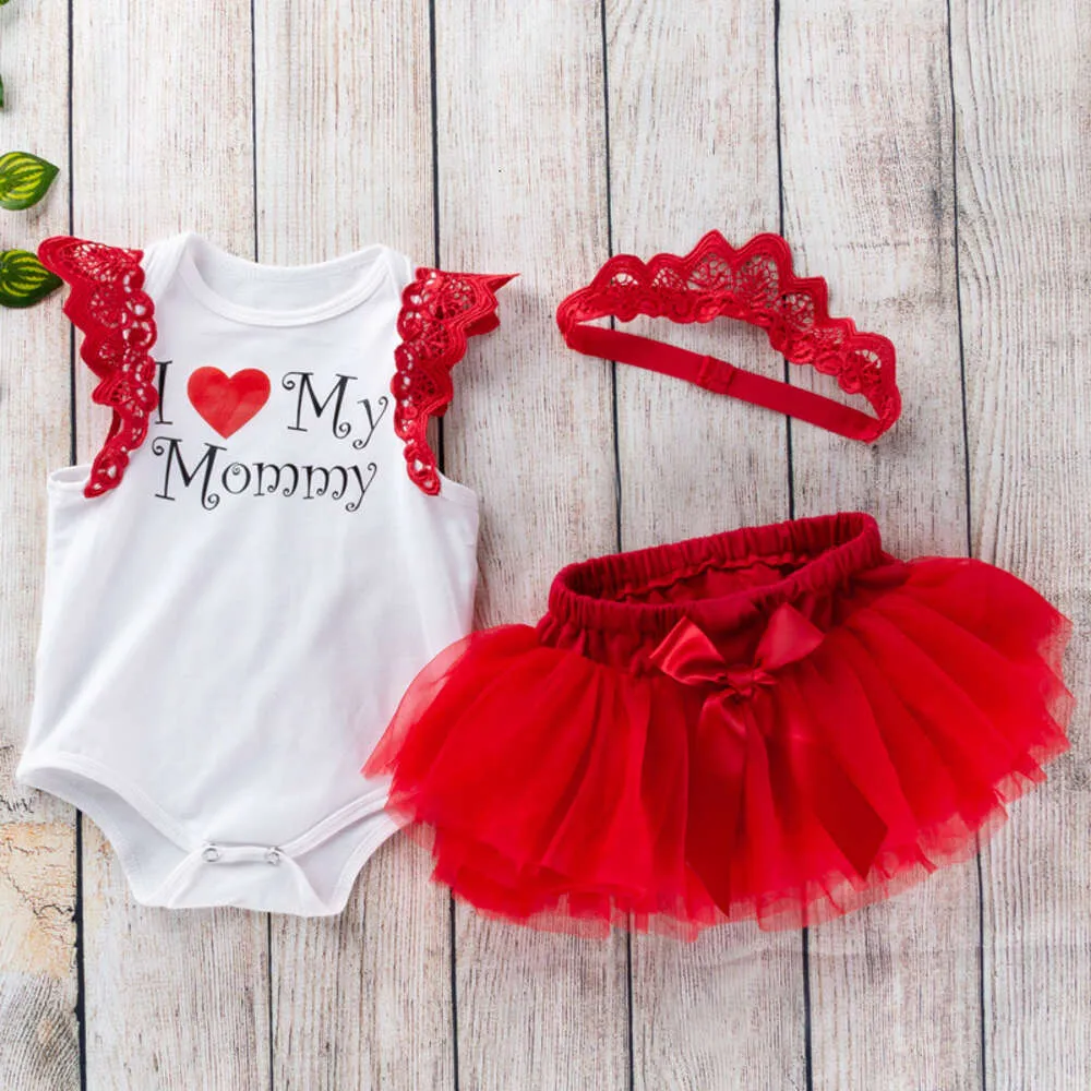 2024 NOVO DIA DO DIA DA Mãe Presente Caso do Baby Cartoon I Love Mom Wings Sweetheart Red Princess Dress Set