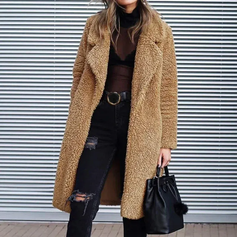 Elabch Women Fluffy Faux Fur Coat Cropped Jacket Winter Fall Open Front Cardigan Lapel Vintage Parka Shaggy Jacket Warm Coat Tops Fuzzy Teddy Coat Khaki S