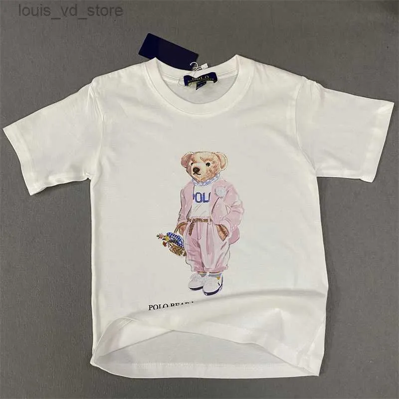 T-shirts Ny RL Casual Pure Cotton Pink Suit Little Bear Boys T-shirt Girls T-shirt Barn Rund hals T240416