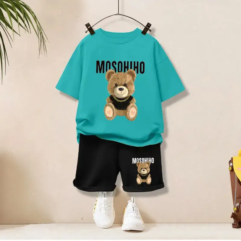 Summer Baby Girl Clothes Kid Boy Cartoon Bear T-Shirts Shorts Suit Children Short Sleeve O Neck Top and Bottom 2 Pieces Set 240416