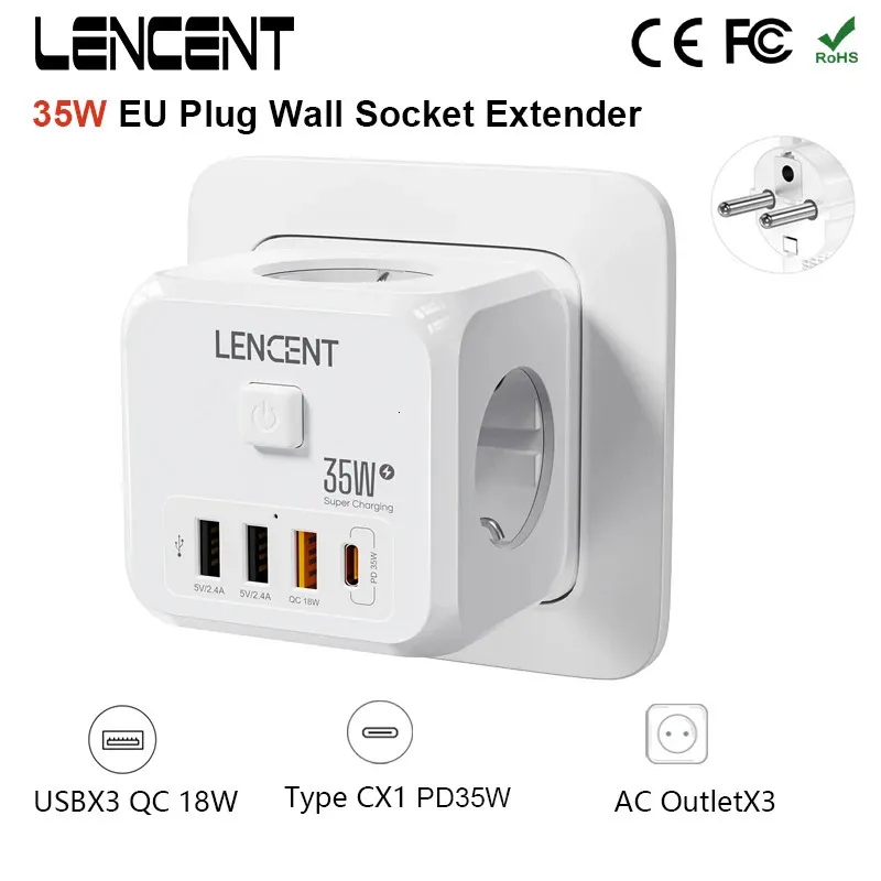 Lencent Eu Plag Power Stress Wall Socket с 3 AC3 USB 18W 1 Type C PD 35W Адаптер быстрого зарядного устройства 7-в-1