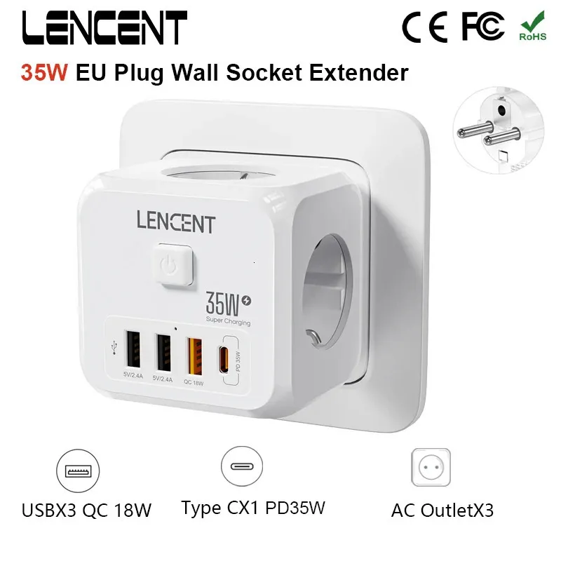 Socket murale della striscia di alimentazione a spina Lencent con 3 AC3 USB 18W 1 Tipo C PD 35W Adattatore a caricatore veloce 7 in 1 Switch Onoff 240415