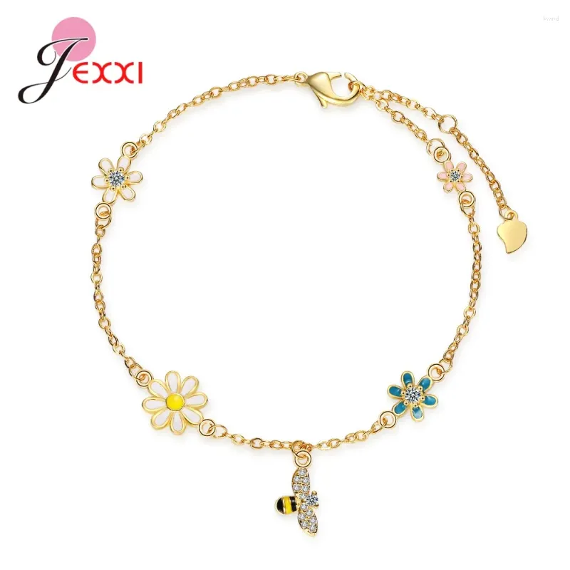 Link Bracelets Colorful Genuine 925 Sterling Silver Bracelet For Women Girls Bee Flower Pendant Wedding Party Jewelry Accessories
