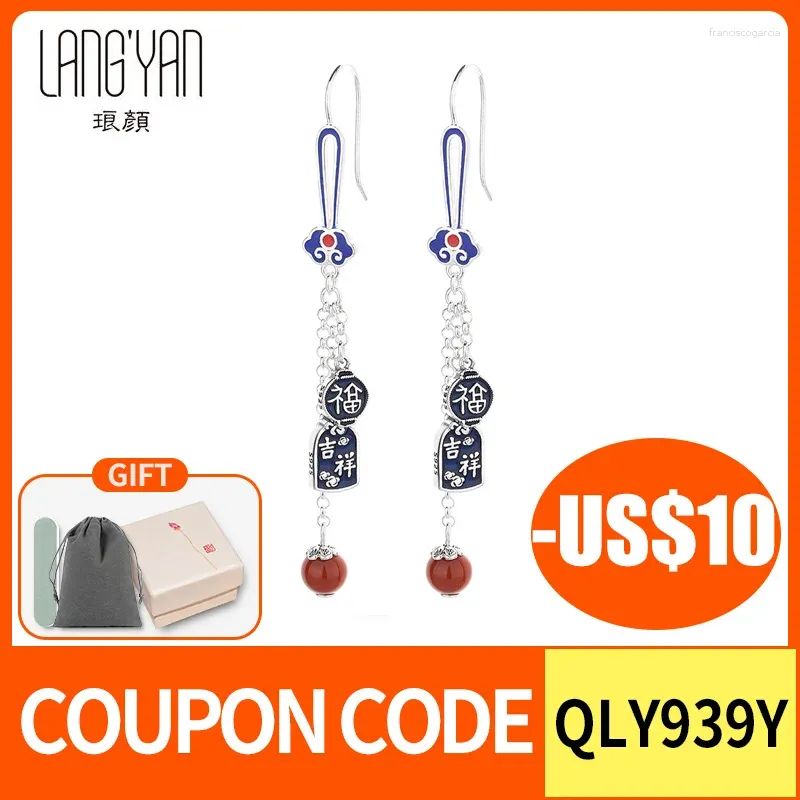 Boucles d'oreilles en peluche Langyan 925 STERLING Silver vintage Agate Blessing Character Tassel Style Ethnique Email Long for Women EH246