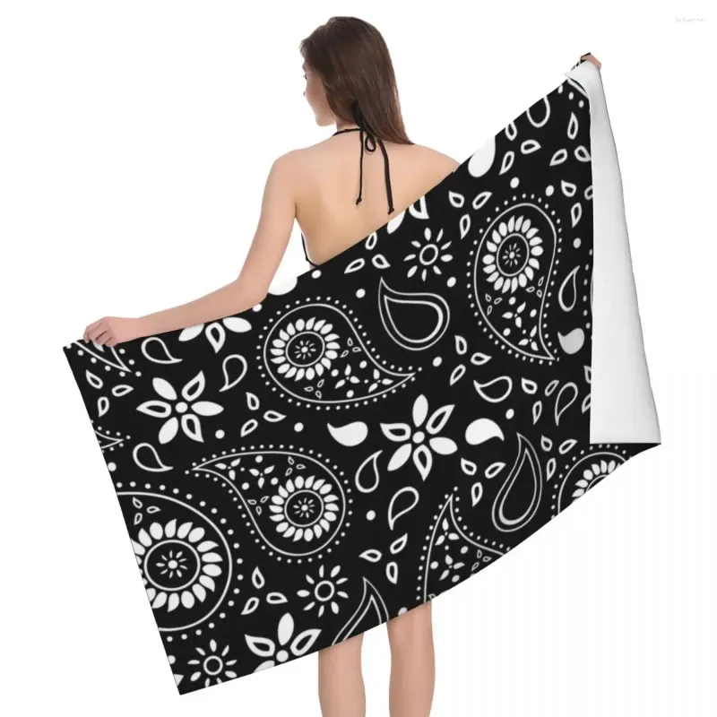 Towel Black And White Paisley Floral Pattern Beach Customized Boho Bandana Style Super Soft Microfiber Bathroom Towels