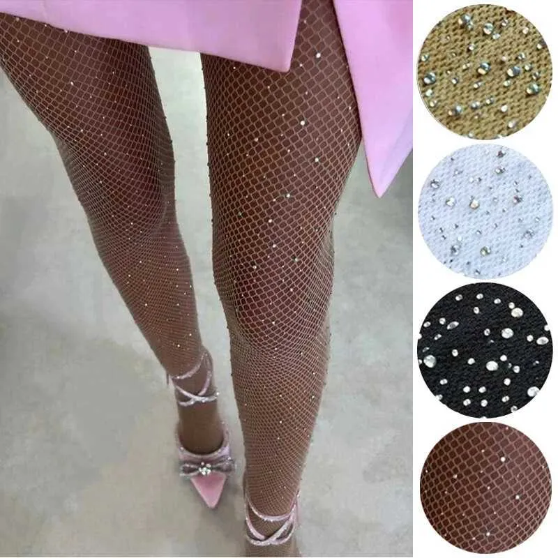 Seksowne skarpetki 2024 Summer Fishnet Diamond Ratehose for Women Sexy Fashion B lśniące rajstopy żeńskie Slim Rhinestone Mesh Nylon Stockings Rajstopy 240416