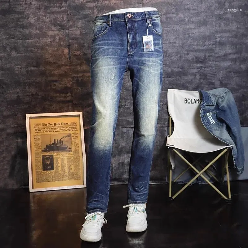 Męskie dżinsy włoskie projektant mody Wysoka jakość retro blueelastic Slim Fit Split Casual