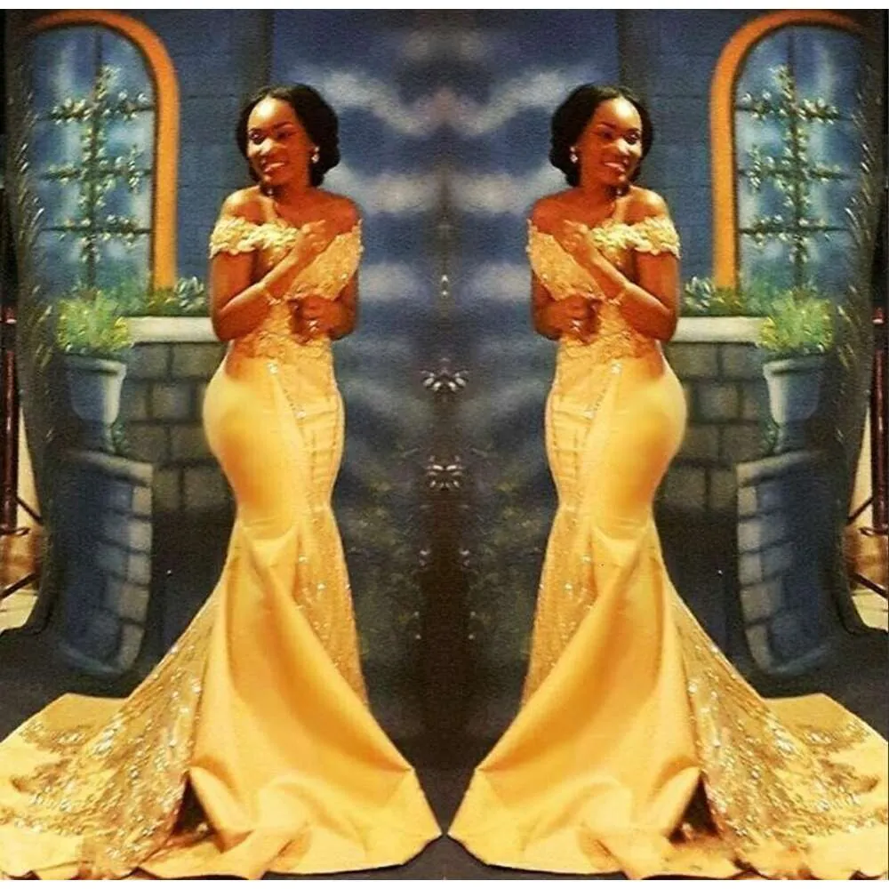 Сексуальные новые африканские желтые русалочные платья с плеча кружевные аппликации хрустальные бисера Блине