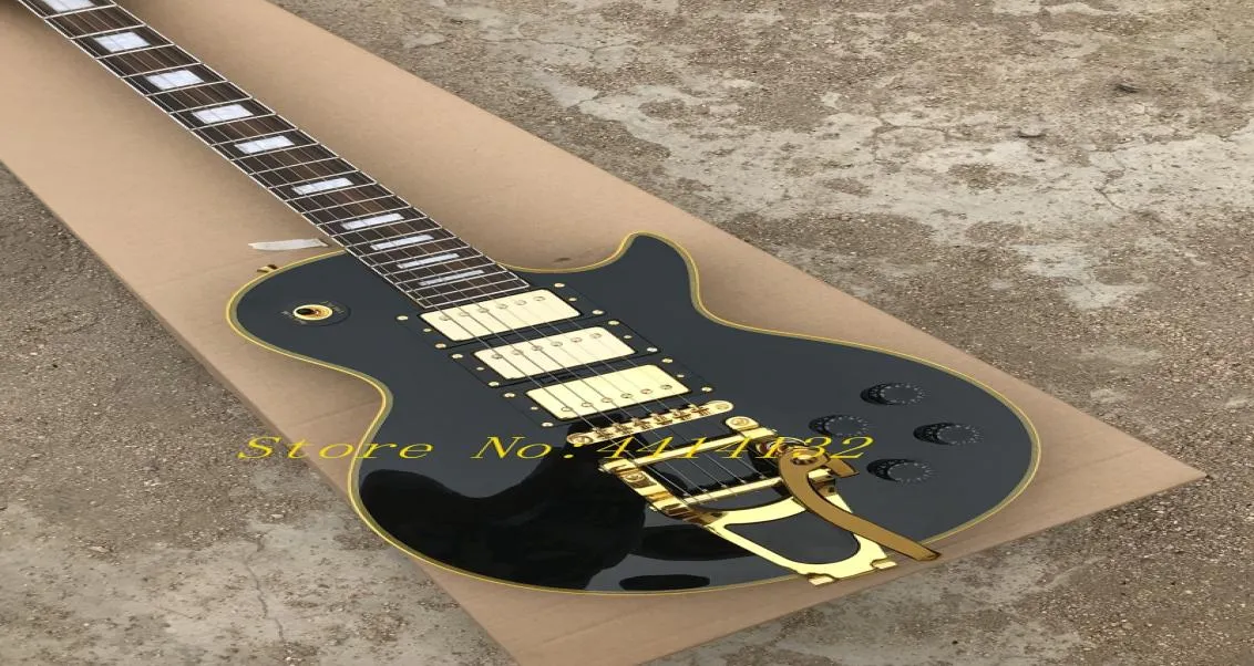 カスタムブラックエレクトリックギター3ピックアップトレモロシステムイエローバインディングクラシックLesエレクトリックギター新しいスタイル4461759