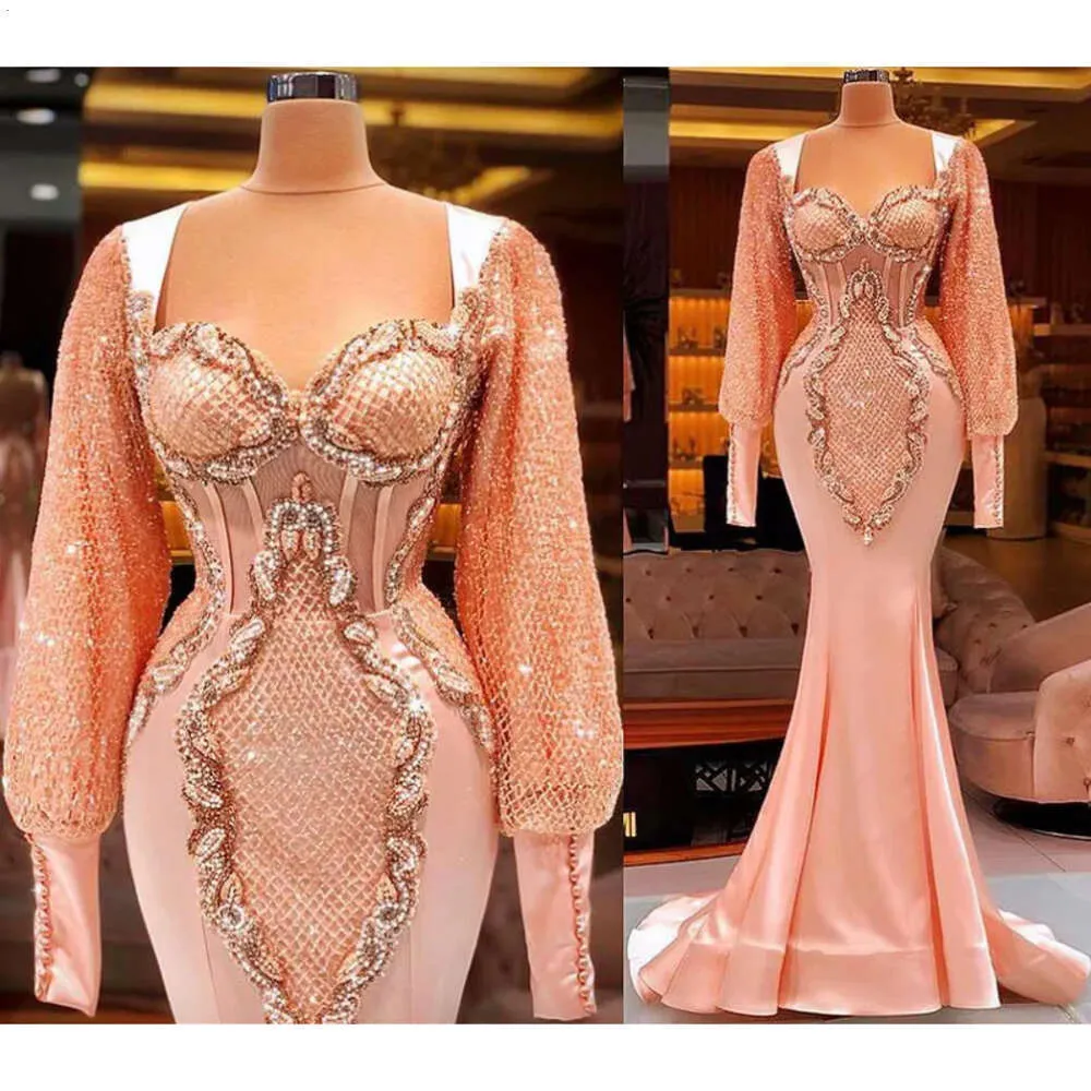Size Arabic Plus Aso Ebi Luxurious Mermaid Sexy Prom Dresses Peach Pink Lace Beaded Long Sleeves Evening Formal Party Second Reception Gowns Dress