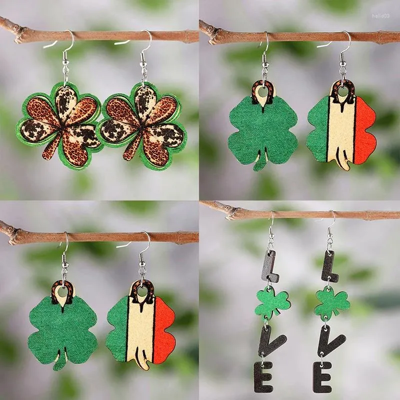 Kolczyki Dangle St. Patrick's Day Leopard Love SPLICE Asymetryczna koniczyka dwustronna drewniana festiwal drewniana festiwal