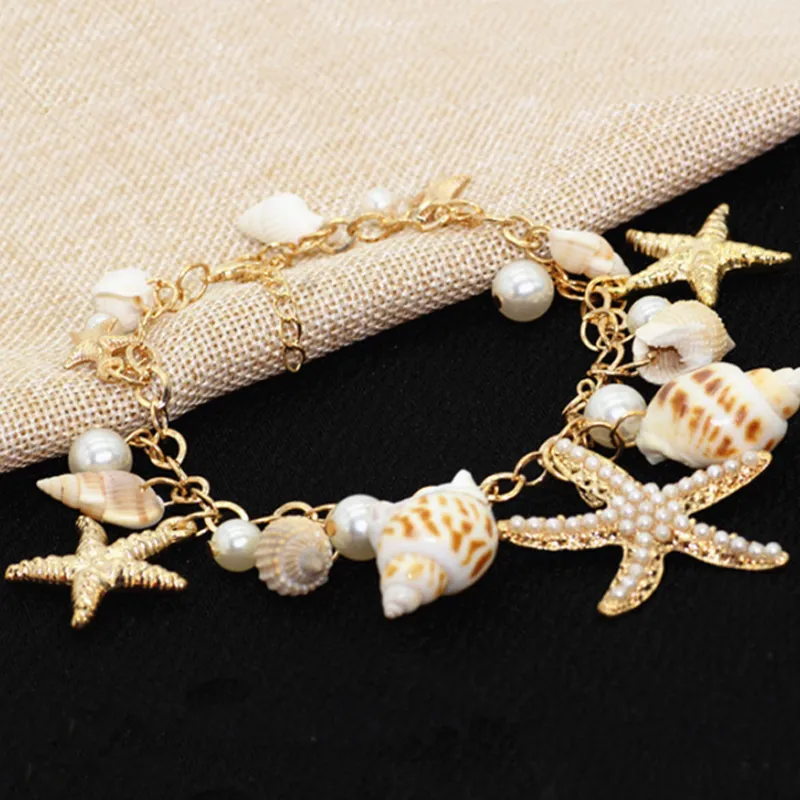 Cute Conch Starfish Shell Bracelet for Travel Boho Style Beach Charm Bracelet Gift for Love Girlfriend