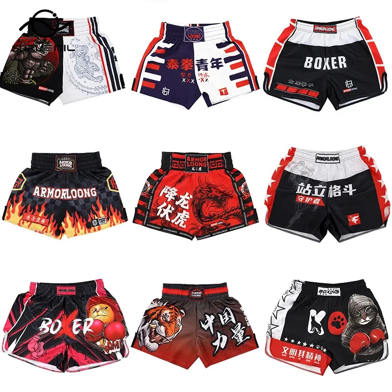 MUAY THAI SORTS BURMABLE FIBTRAT KICKBOXING PANTS Men Femmes Kids Arts martiaux Sanda BJJ Grappling Kick Boxing Training Trunks 240402