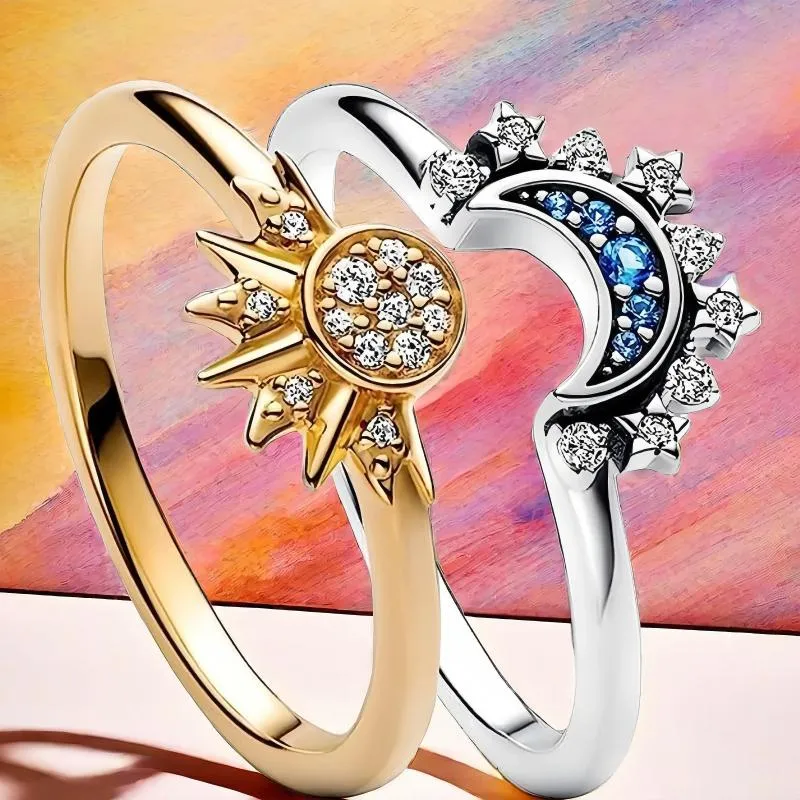 Pierścienie klastra 925 Srebrny szterling Niebieski niebieski błyszcząca księżycowa gwiazda słoneczna kryształowy pierścień dla kobiet mody elegancka biżuteria na imprezę