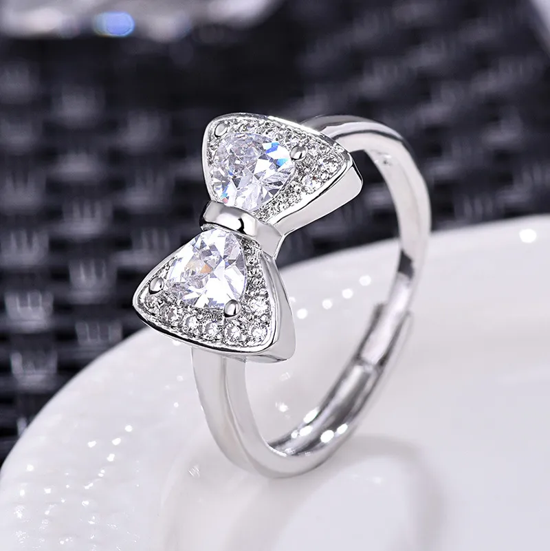 S925 Silver Cute Butterfly Designer Rings for Women Girls Fashion Luxury Crystal CZ Zircon Sweet Bow Bowknot Design Chinese Nail Finger Love Ring Jewelry Gift