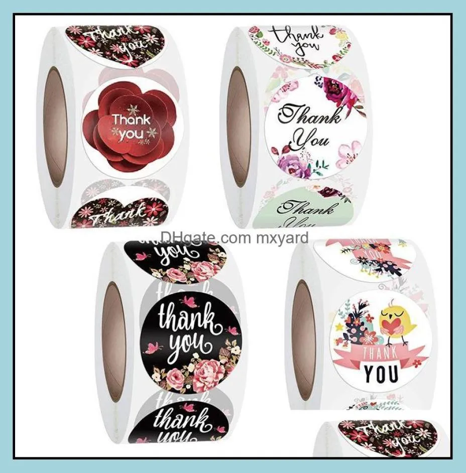 Greeting Event Festive Party Supplies Home Gardengreeting Cards 500PcsRoll 4 Types Floral Thank You Sticker For Seal Label Scra4179801