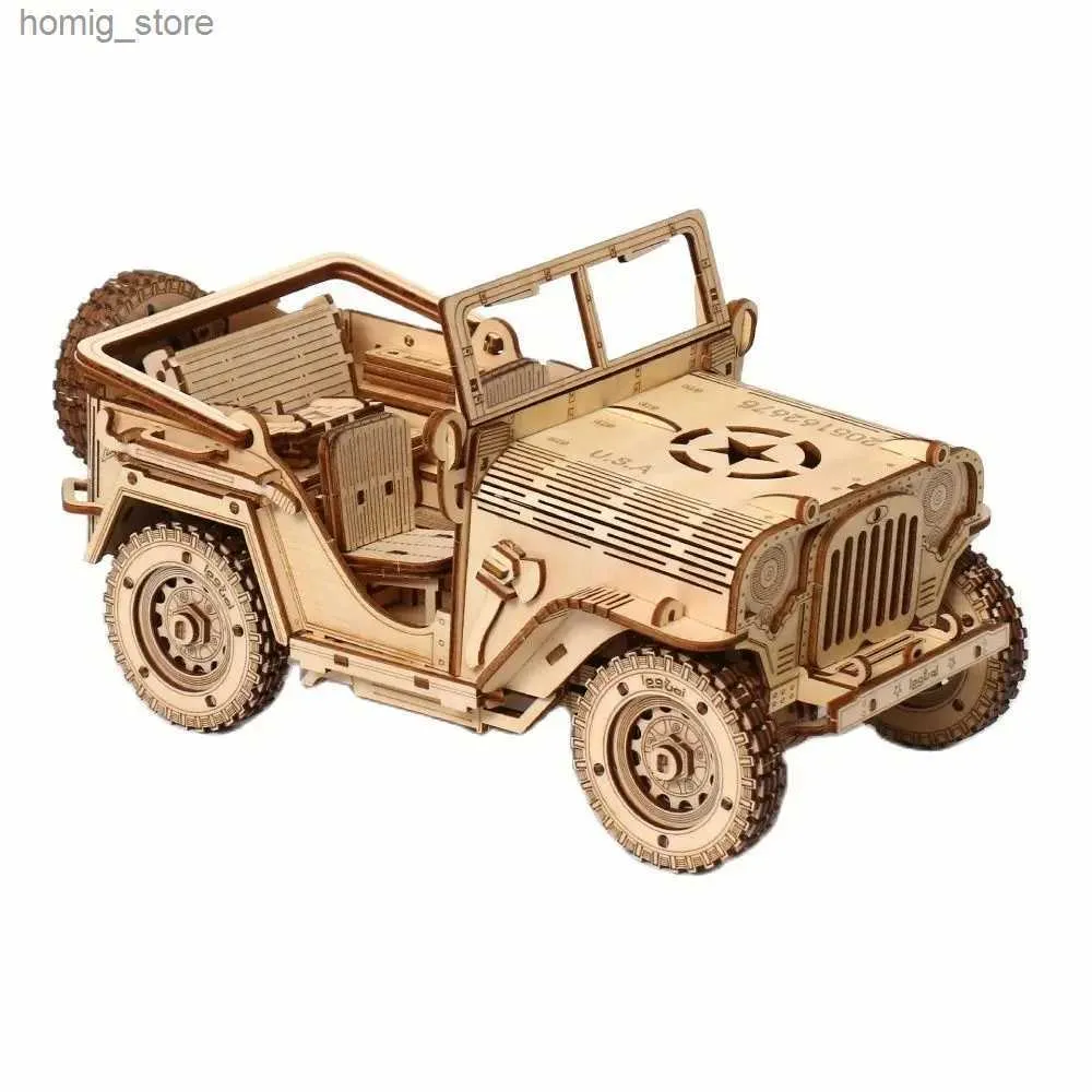 3D Puzzles Diy Off-Road Car Wood Puzzle Toys Child Classic Jeep Building Block Scale Models Construção para adultos 3D WW2 Veículo militar Y240415