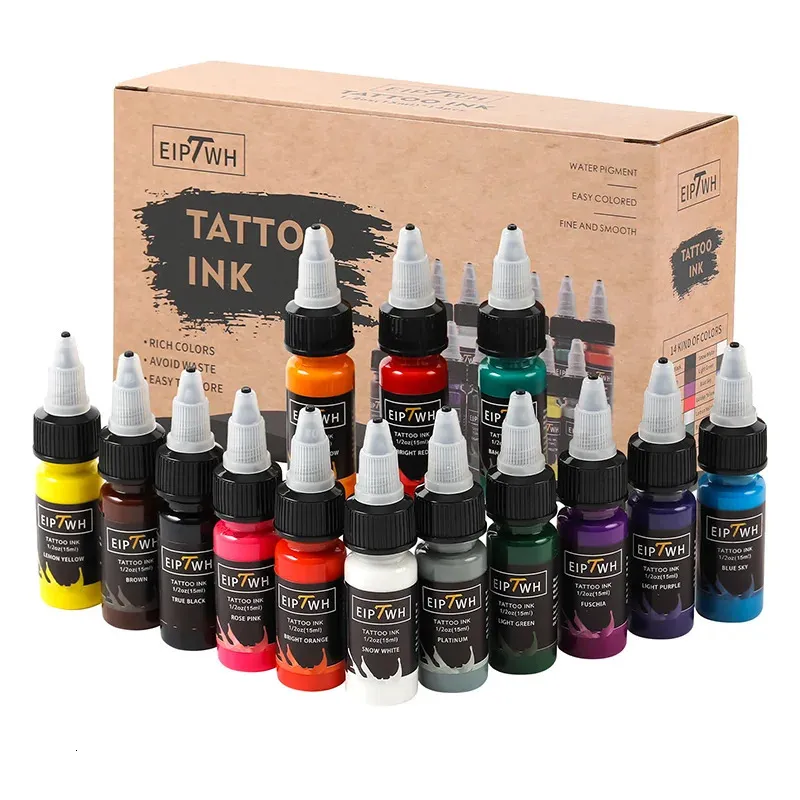 15 ml 14Colors Tattoo Ink Pigment med Box Body Art Kits Professionella skönhetsfärger Makeup Supplies Semipermanent 240408