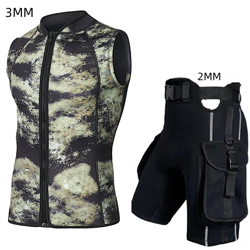 Shorts 3mm Sleeveless Diving Vest Split Wetsuit And 2mm Men'S Diving Shorts With Pocket Protective Warm Snorkeling Surf Swimming Set