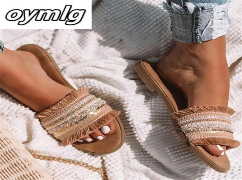 Fashion Fringe vrouwelijke slippers groot formaat plat met nationale stijl dia's ademende vrijetijdsschoenen platform sandals5377640