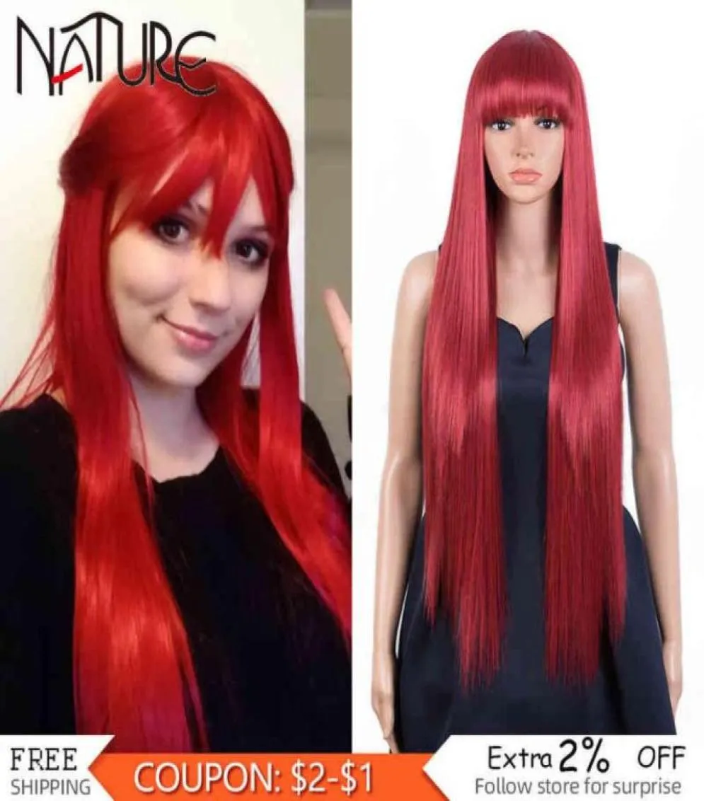 Nature Long Natural Straight Cosplay Fire Red Wigs with Bangs Party Lolita Heat Resistant Synthetic Wig for Women 22062259452553669284