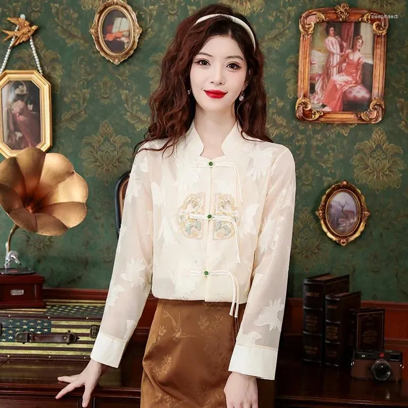 Women's Blouses Shirts & 2024 Summer Style Stand Long Sleeve Chinese Embroidered Sunscreen Top