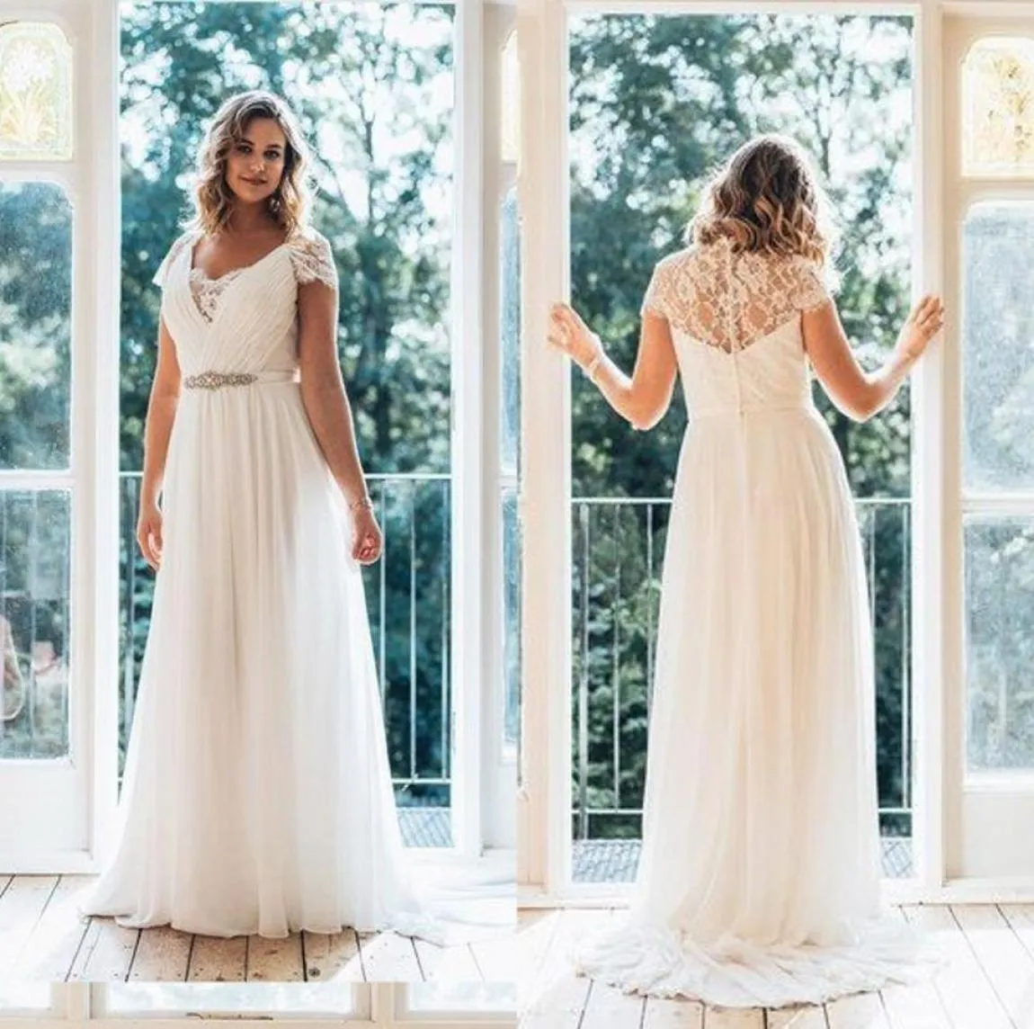 2022 Elegant Cheap Wedding Dresses Plus size V neck With Short Sleeves Applique Ribbon with Crystal Beaded Chiffon Hollow Back lac2491597
