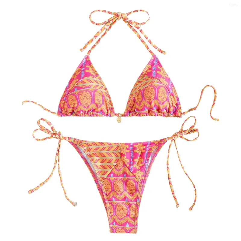 Kvinnors badkläder Bikini Set Two Piece Baddräkter blommigt tryck Sexig triangel Bikinis Bohemian Style Halter Neck Rem Swimsuit Bathing Set