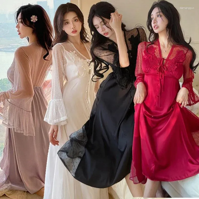 Sonowlee feminino verão de seda cetim de renda sexy lingerie vizinha de decote em V para mulheres de manga comprida
