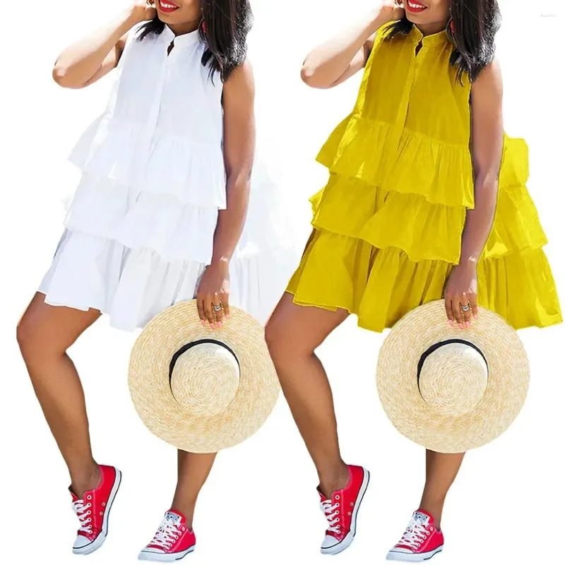 Robes décontractées S-3xl Africain pour femmes Summer Fashion Sans manches en polyester jaune blanc mini-robe dashiki Vêtements
